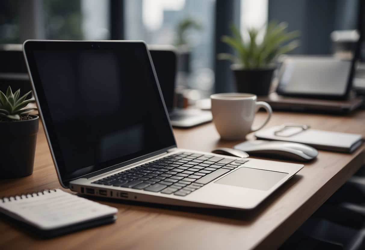 A desk with a computer, phone, and notepad. A virtual assistant multitasking, with a list of pros and cons displayed