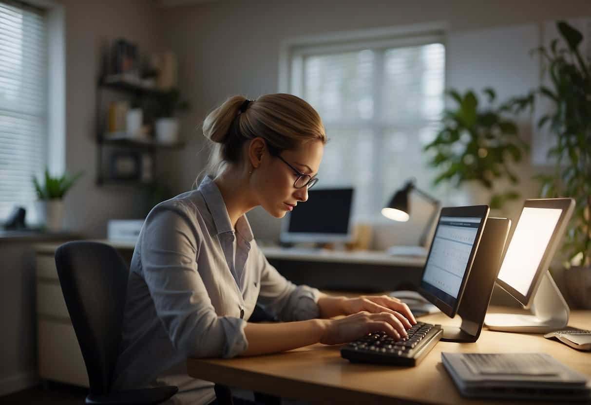 A virtual assistant typing at a computer, surrounded by a cluttered desk with a calendar, phone, and notepad. The room is quiet and well-lit, with a sense of focus and productivity