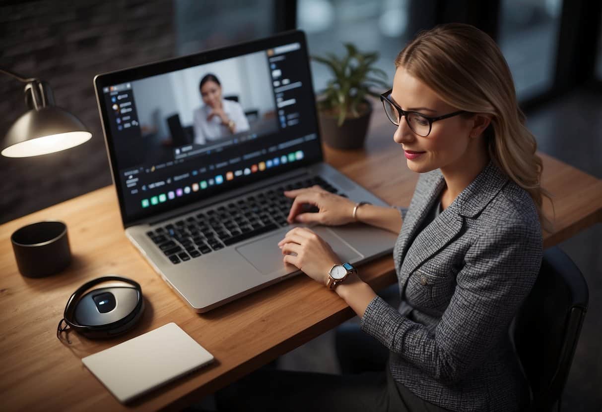 A virtual assistant confidently communicates via video call, using clear gestures and expressions. A laptop, notebook, and pen are nearby