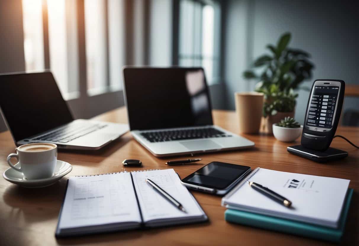 A desk with a laptop, phone, and planner. A sign reads "Virtual Assistant Services" with a price list