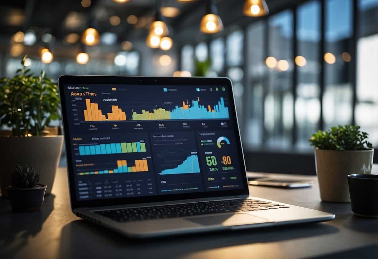 A laptop displaying different pricing options for virtual assistant services, surrounded by charts and graphs showing market trends and competitor rates