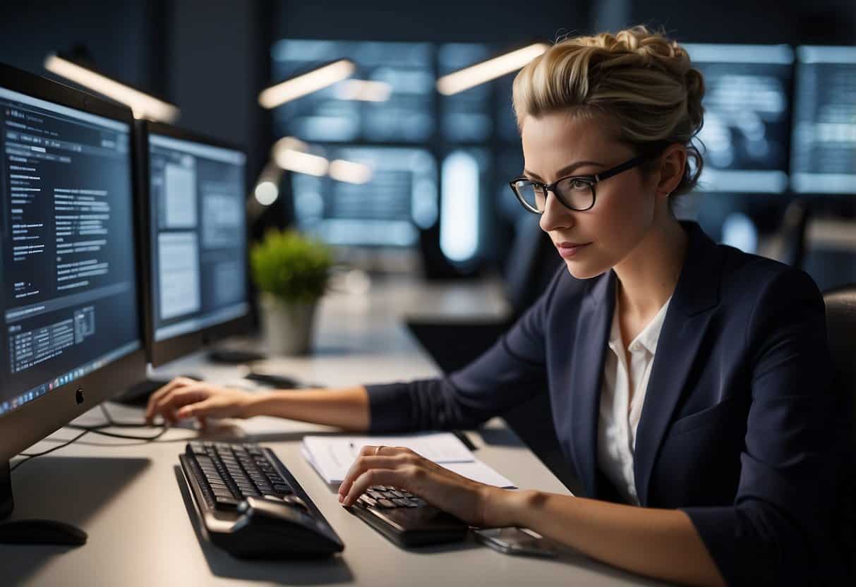 A virtual assistant sits at a desk, surrounded by a computer, phone, and paperwork. They are focused and professional, ready to provide efficient and effective services to their clients