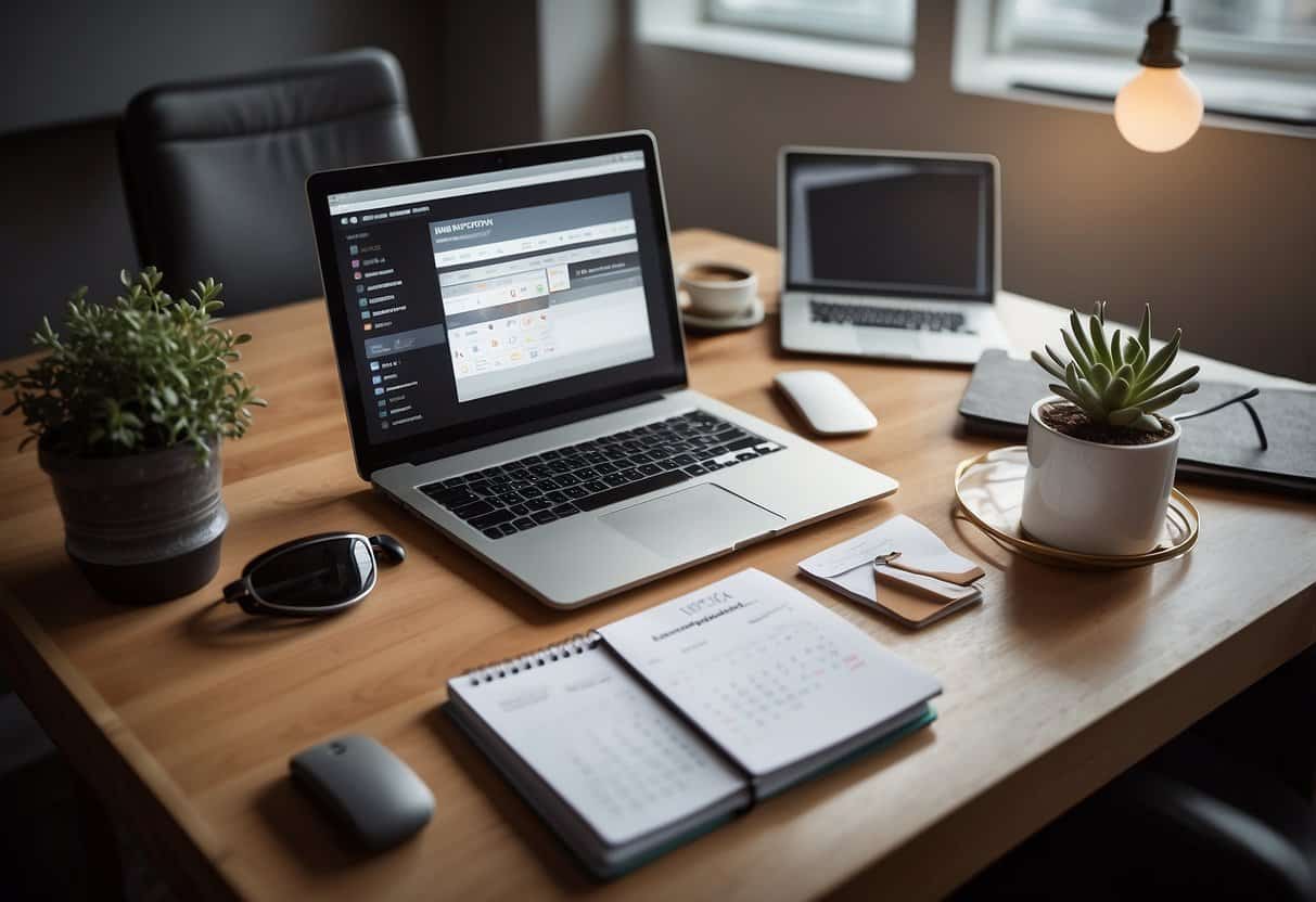 A desk with a computer, phone, calendar, and notepad. A virtual assistant multitasks efficiently, communicates clearly, and stays organized