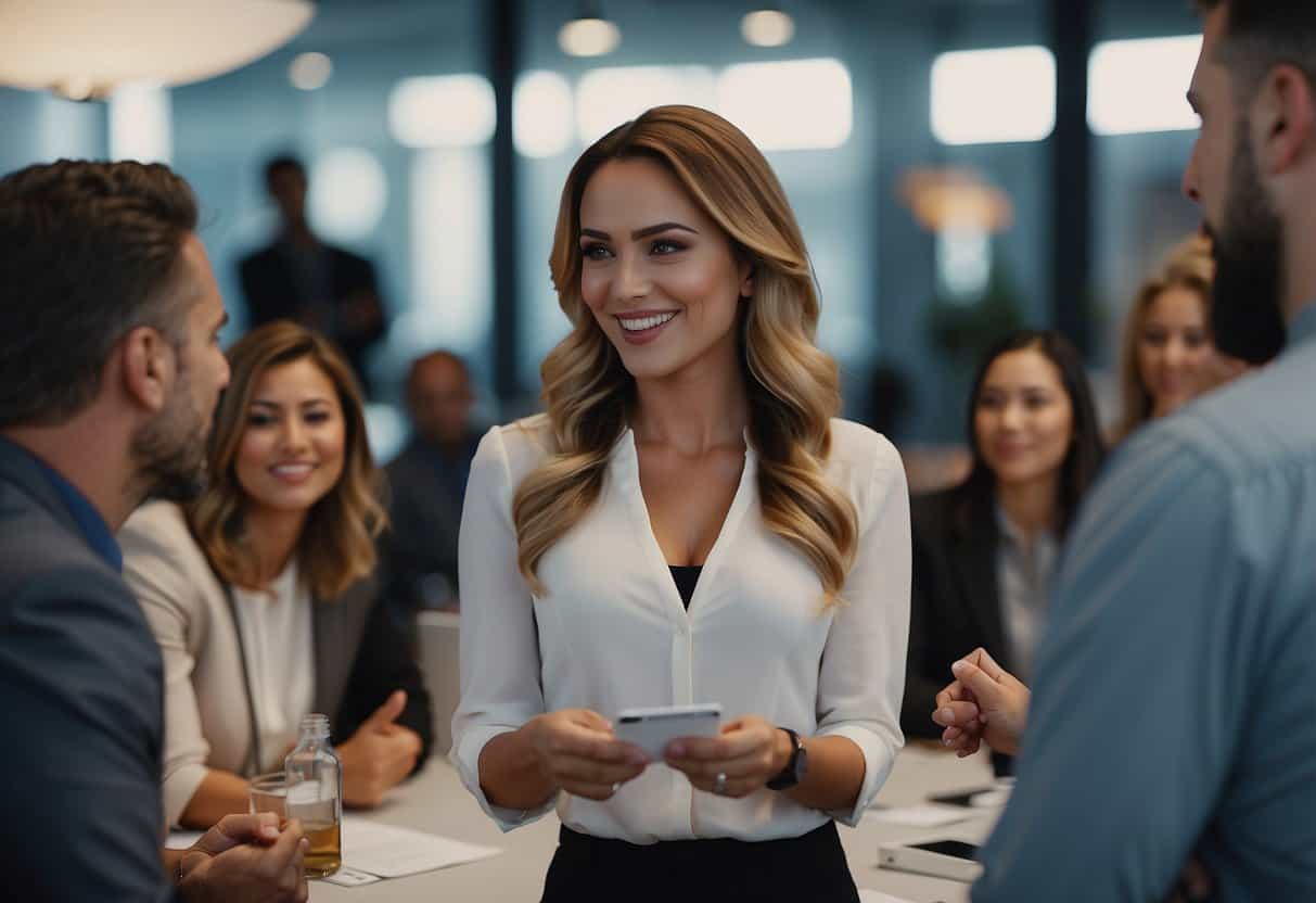 A virtual assistant surrounded by industry professionals, exchanging business cards and discussing marketing strategies