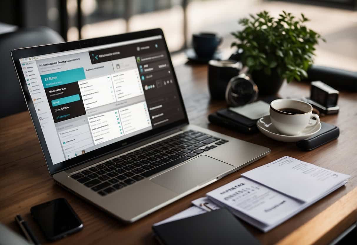 A virtual assistant's desk with a computer, phone, and planner. A stack of business cards, a laptop with a website open, and a social media post about services offered