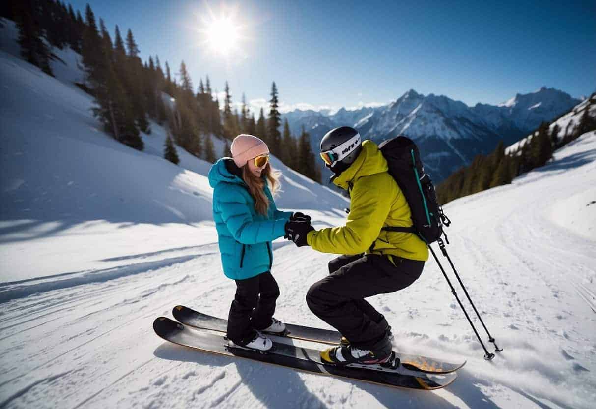 A snow-covered mountain slope with a ski or snowboard instructor giving a lesson to a student. The instructor is demonstrating proper technique while the student follows along