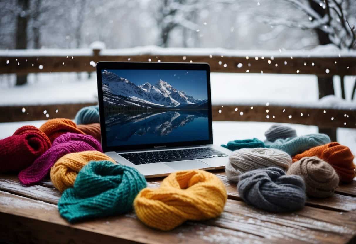 Colorful scarves and hats displayed on a table, with a laptop open to Etsy website. Snowflakes and winter scenery in the background