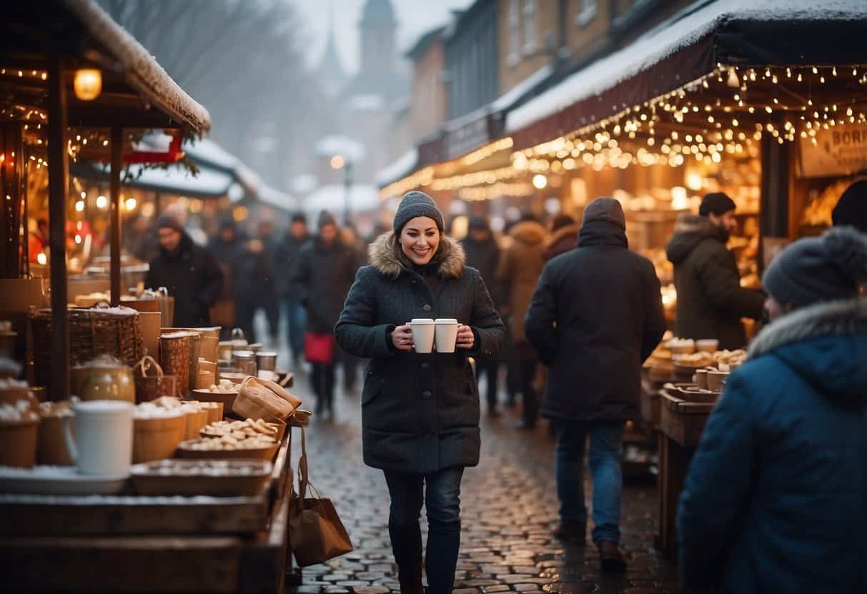 A bustling market stall with steaming cups of hot drinks, surrounded by festive decorations and cheerful customers in winter attire