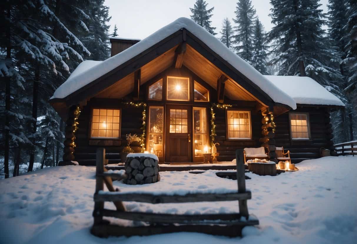 A cozy cabin nestled in a snowy forest, with a warm fire burning inside and twinkling string lights adorning the exterior. Snow-covered trees and a blanket of white create a picturesque backdrop