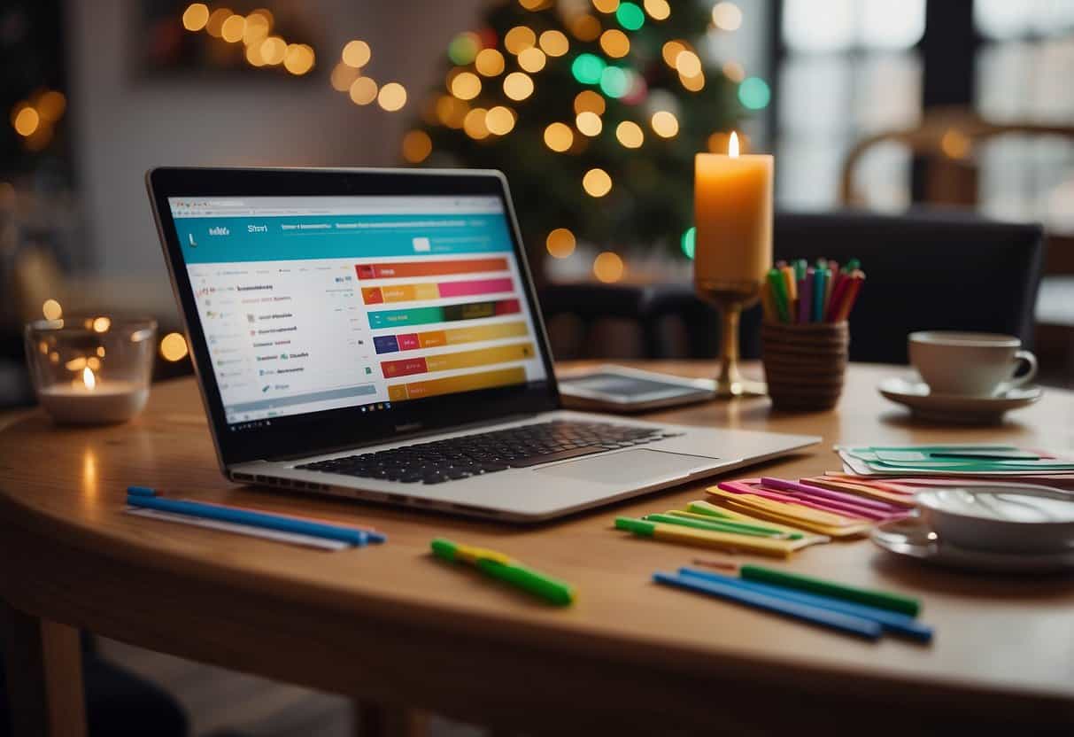 A table with colorful markers, paper, and holiday card examples. A computer displaying customer orders. The room is filled with festive music and the sound of markers scribbling