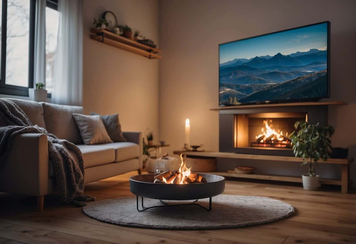 A cozy living room with a crackling fireplace, a pet bed, and a bowl of water. A calendar on the wall shows upcoming travel dates