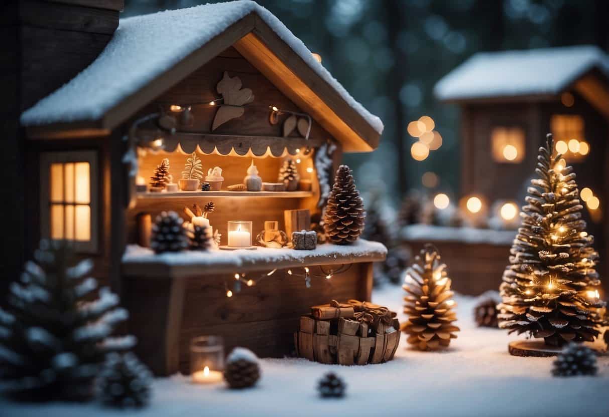 A cozy home workspace with a desk filled with handmade winter crafts, surrounded by snowflakes, pinecones, and festive decorations