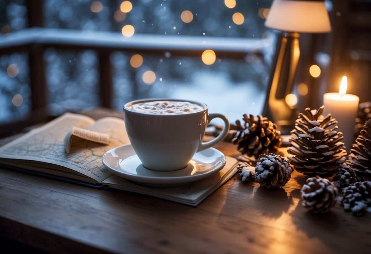 A cozy desk with a laptop, mug of hot cocoa, and a map of winter destinations. Snowflakes and pinecones decorate the background