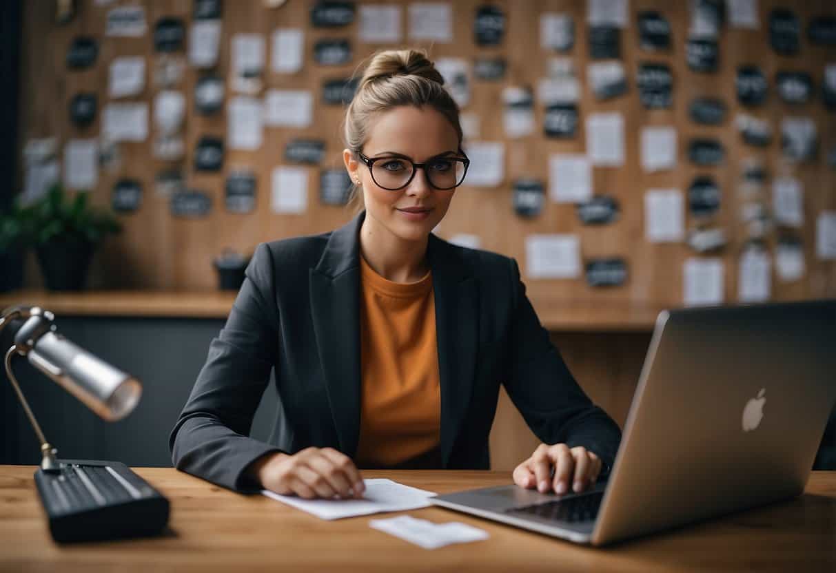 A virtual assistant sits at a desk, surrounded by motivational quotes and a vision board. They are typing on a laptop, with a focused and determined expression