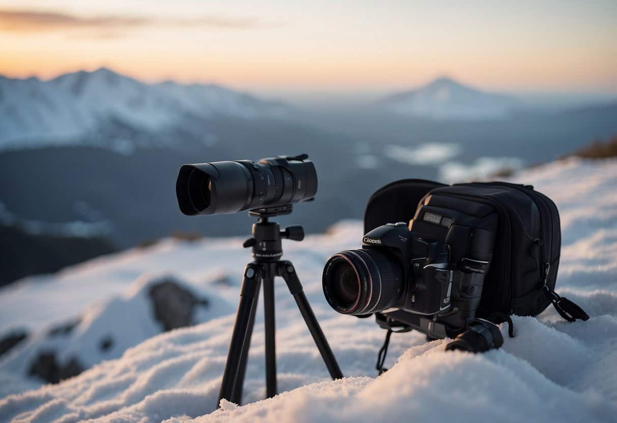 A snowy landscape with a camera, tripod, and winter accessories. A computer displaying "25 Winter Side Hustles To Make Extra Money" in the background