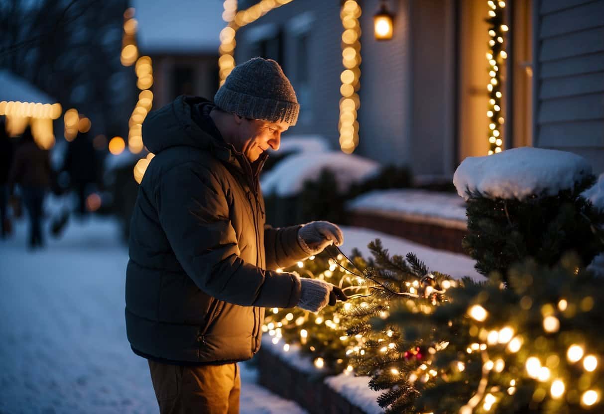 A person setting up Christmas lights on houses for extra income during winter