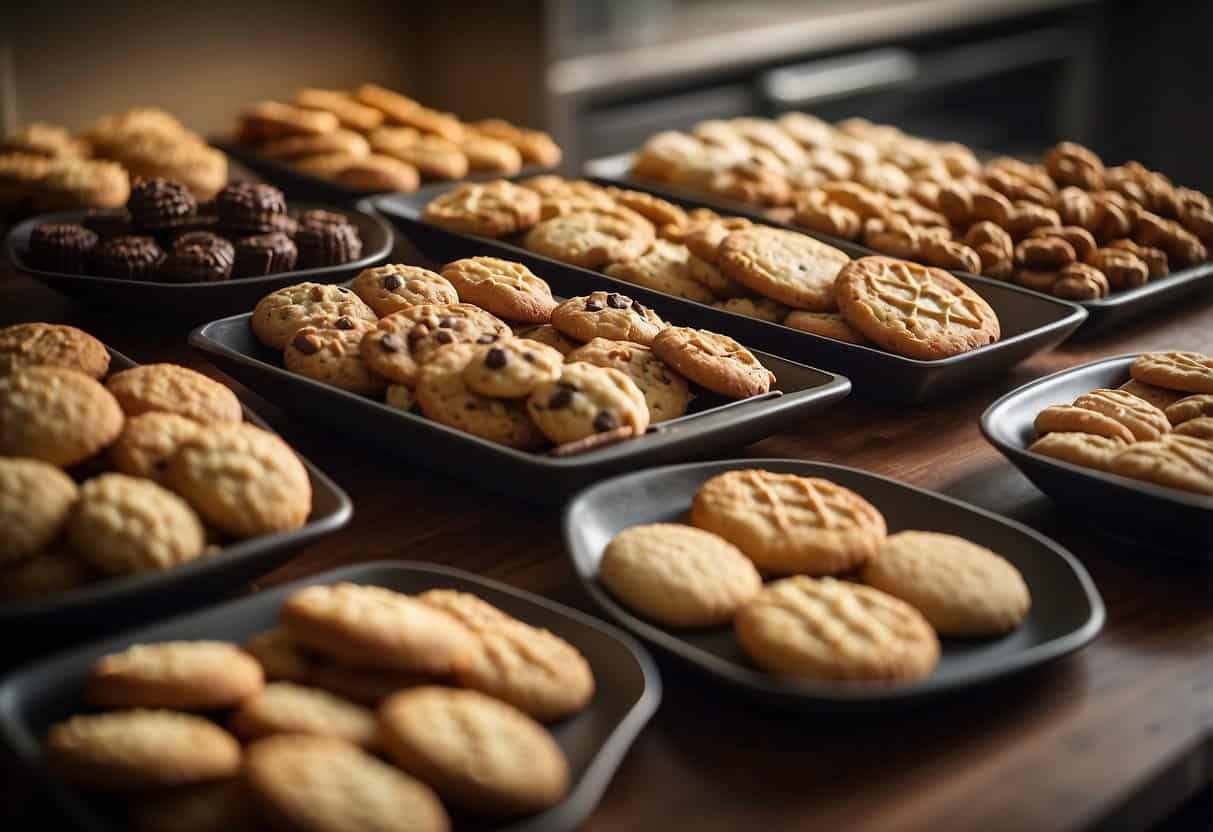 A kitchen counter filled with freshly baked holiday-themed cookies and treats, ready to be packaged and sold