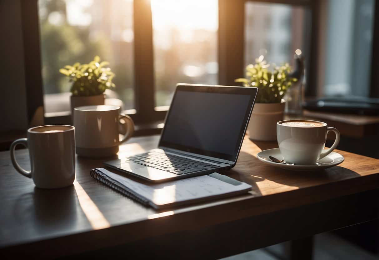 A desk with a computer, calendar, and clock. A to-do list and planner open, with a cup of coffee nearby. Sunlight streams in through the window