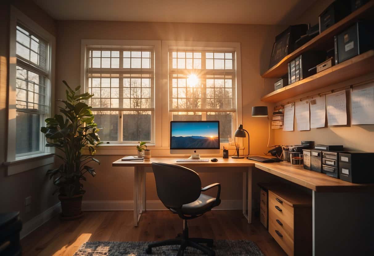 A bright sunrise over a peaceful home office with a neatly organized desk and a computer ready for work. A calendar on the wall displays a schedule for the day