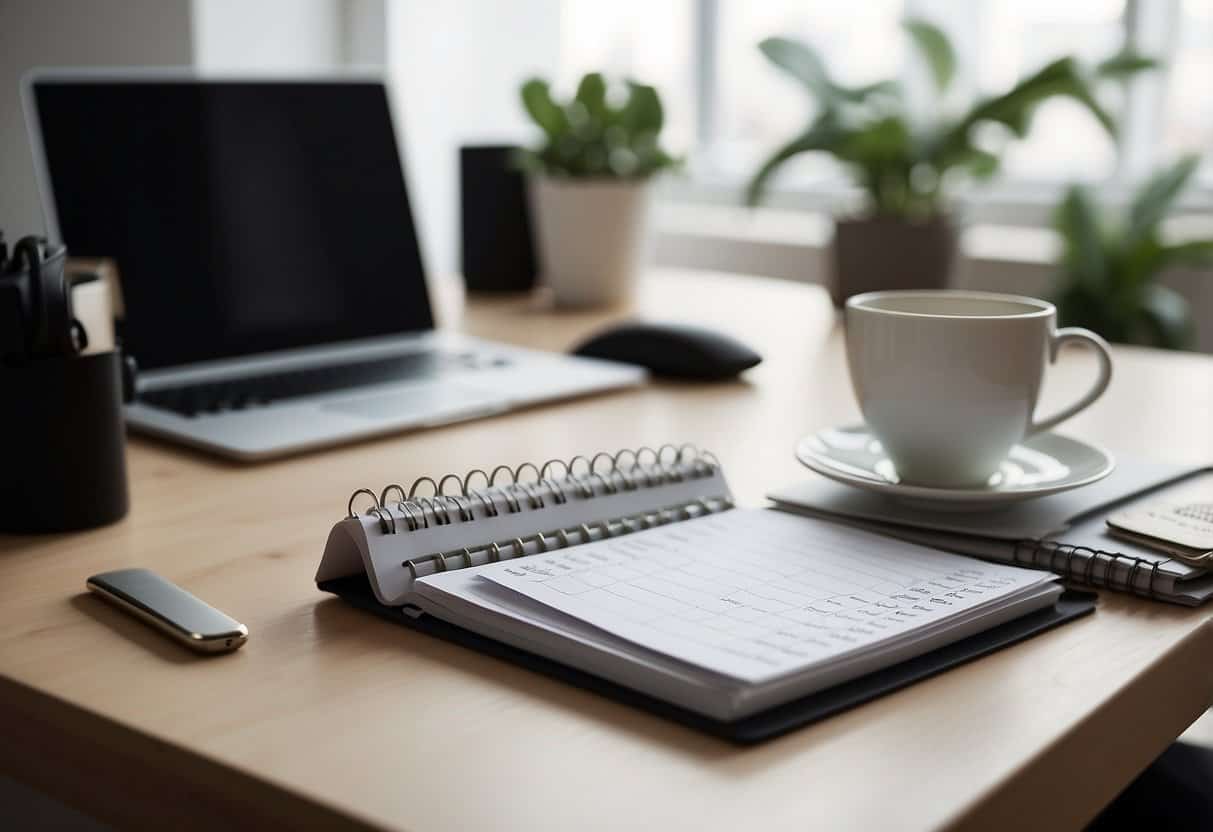 A clutter-free desk with a calendar, clock, and computer. A notepad with a to-do list and a cup of coffee. A serene and organized workspace