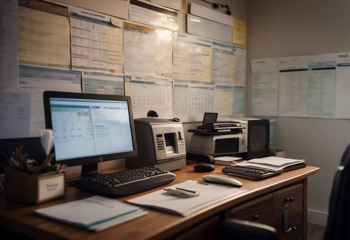 A desk cluttered with papers, a computer, and a calendar. A clock on the wall shows different time zones. A to-do list with prioritized tasks is pinned to the wall