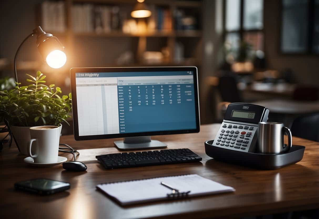 A desk with a computer, calendar, and clock. A to-do list, coffee mug, and headphones are nearby. The setting is organized and efficient