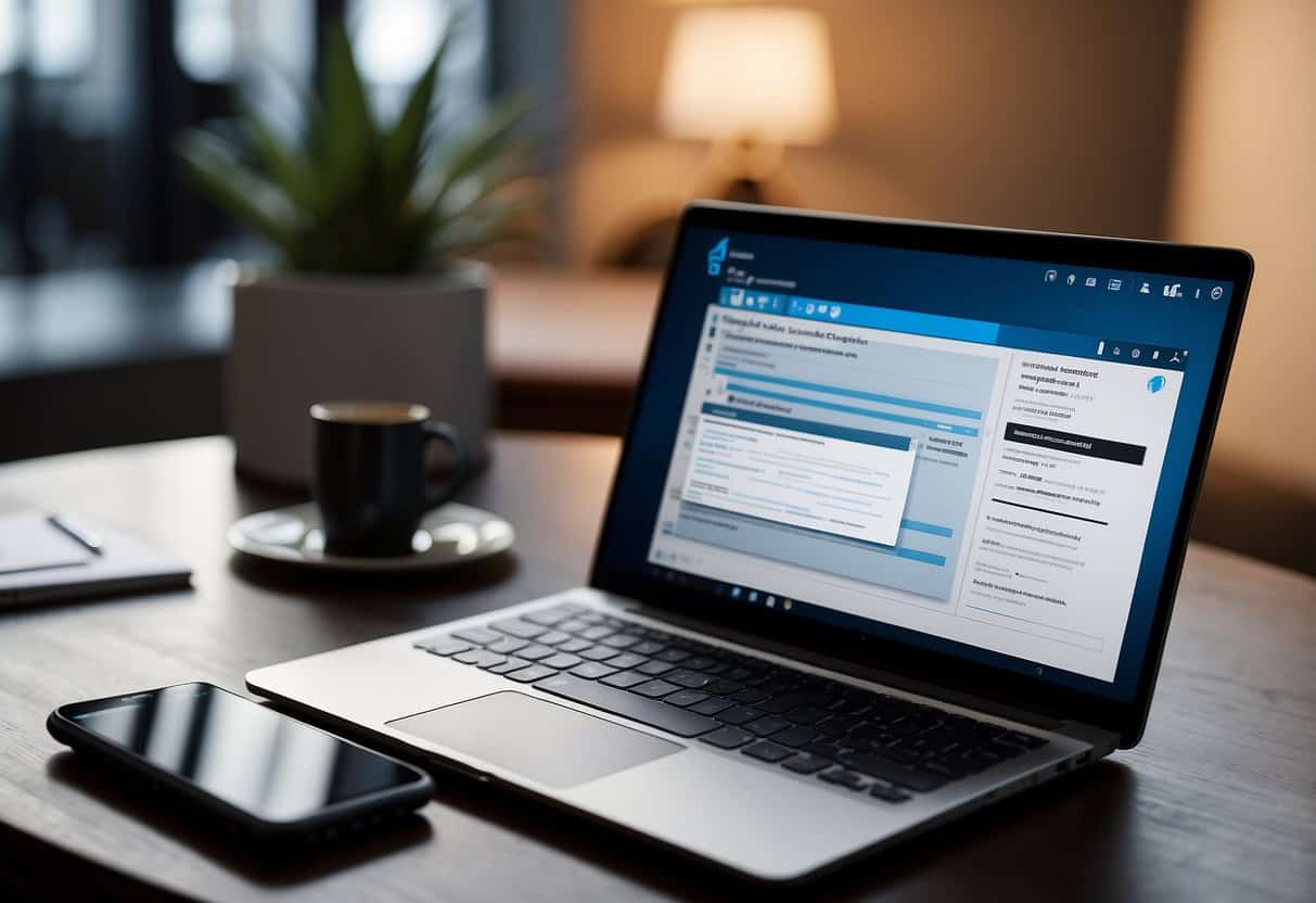 A laptop displaying virtual assistant services, with a contract and pen nearby. A phone with notifications of potential clients