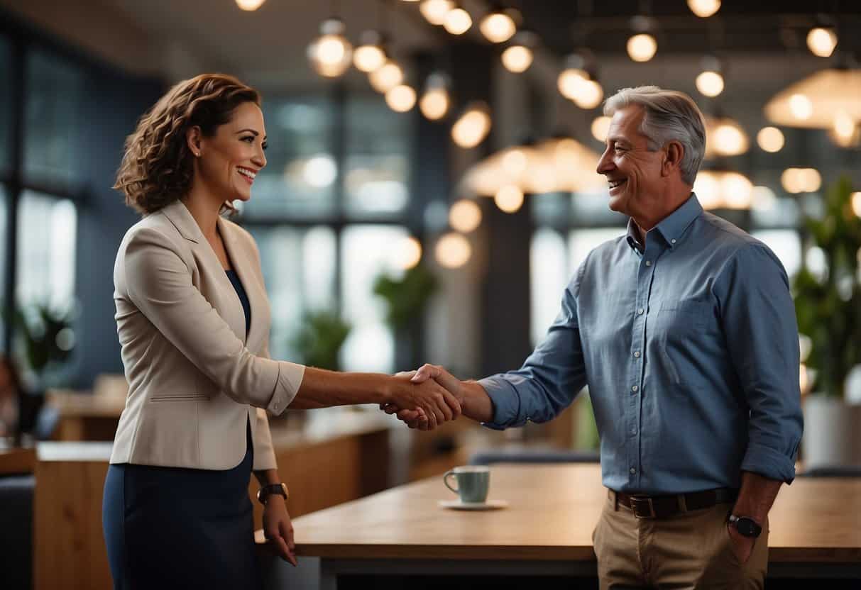 A business owner receives a glowing referral from a satisfied client, leading to a virtual assistant client. The two are shown shaking hands in agreement