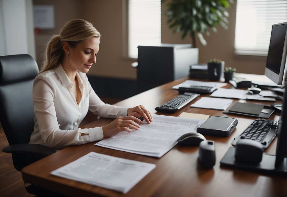 A virtual assistant reviewing legal documents at a desk with a computer, phone, and paperwork spread out. Important legal books and resources are nearby