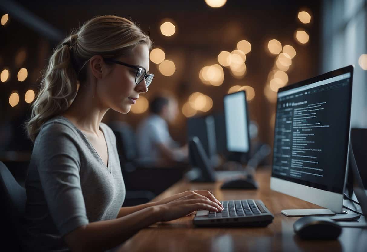 A virtual assistant typing on a computer while referring to a top 10 skills list