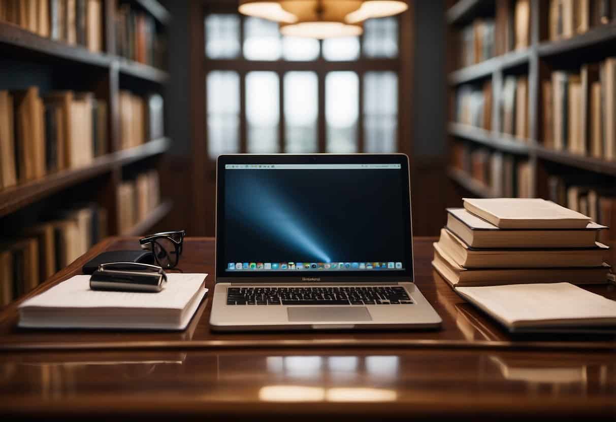 A desk with a laptop, pen, and paper. A bookshelf with legal books. A virtual assistant logo on the wall