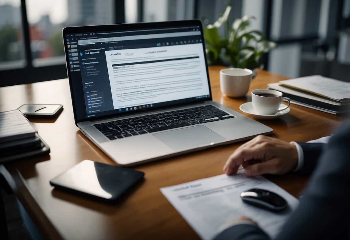 A desk with a laptop, legal documents, and a pen. A virtual assistant reading through the Associate Agreement