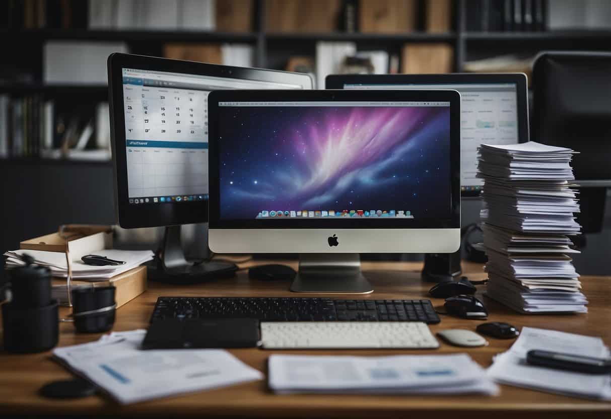 A virtual assistant sits at a desk with multiple screens, using software to manage tasks for various clients. Files and schedules are neatly organized