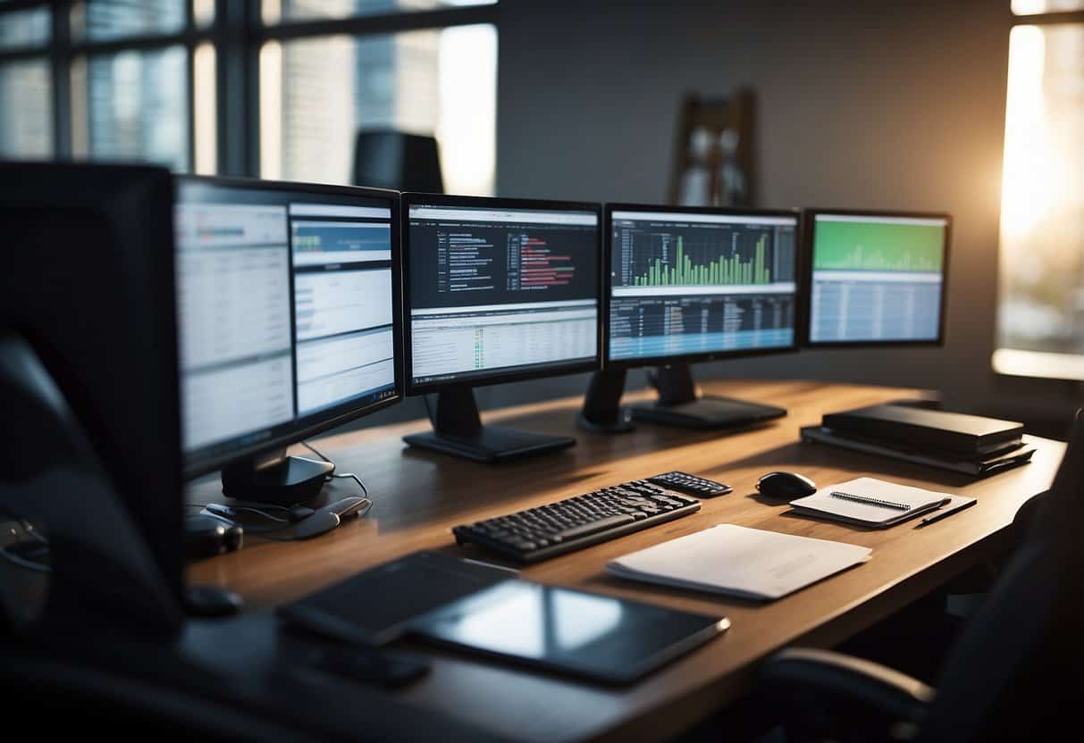 A desk with multiple computer screens, files, and calendars. A virtual assistant manages various clients with organized schedules and communication tools