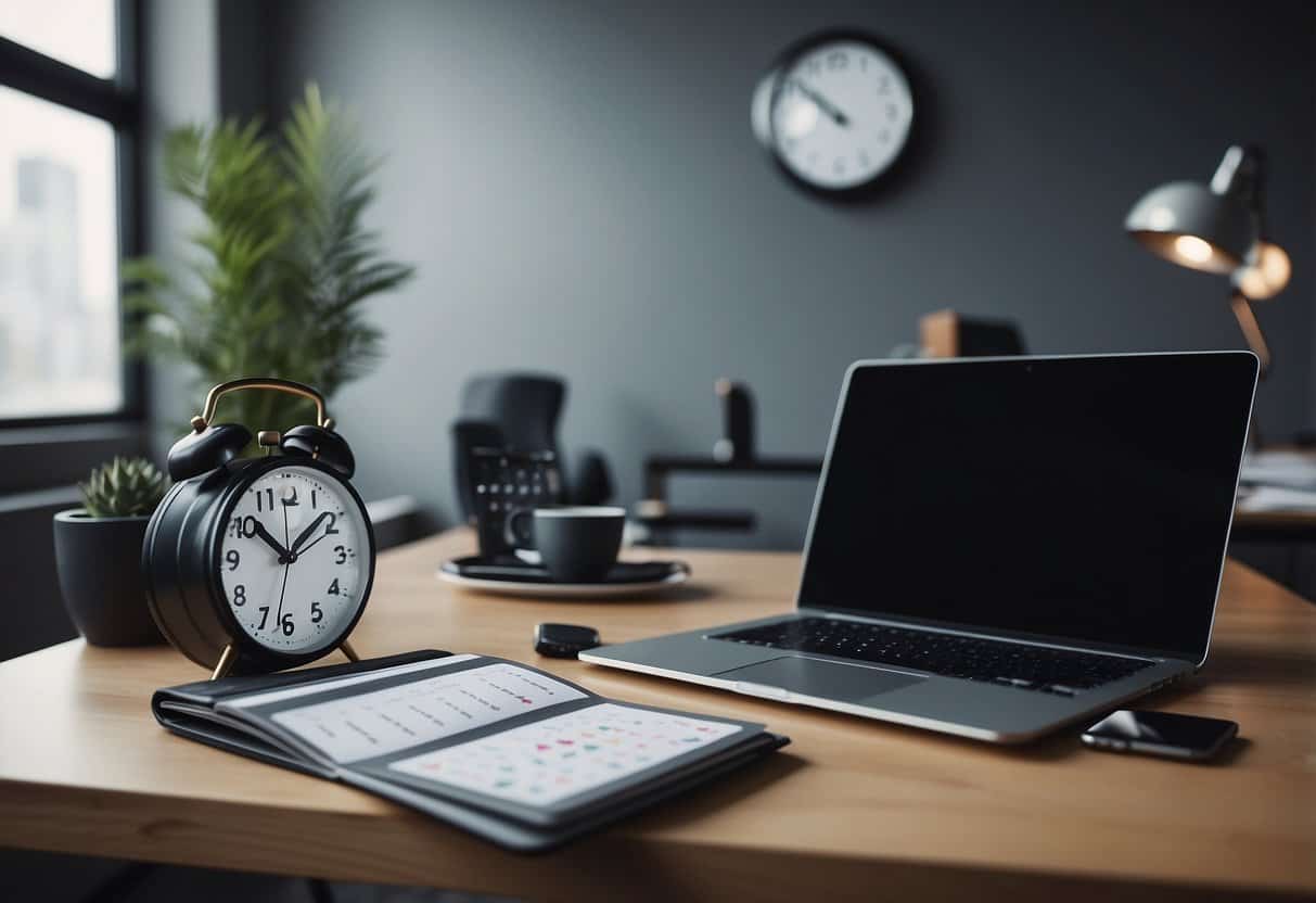 A desk with a calendar, laptop, and color-coded folders. A clock on the wall shows different time zones. A virtual assistant juggles tasks efficiently