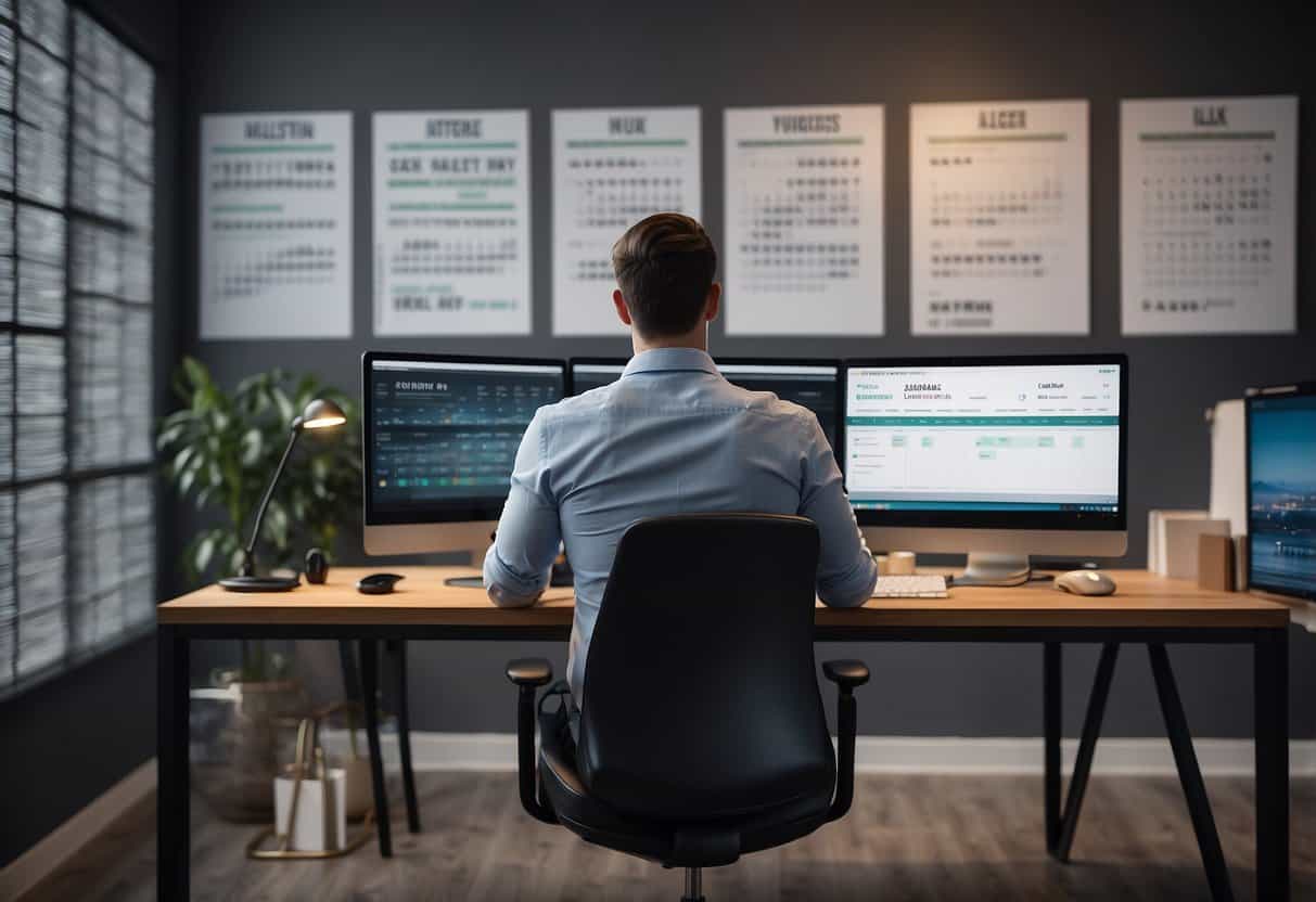 A virtual assistant sits at a desk with multiple screens, juggling tasks and schedules. Color-coded calendars and to-do lists cover the wall