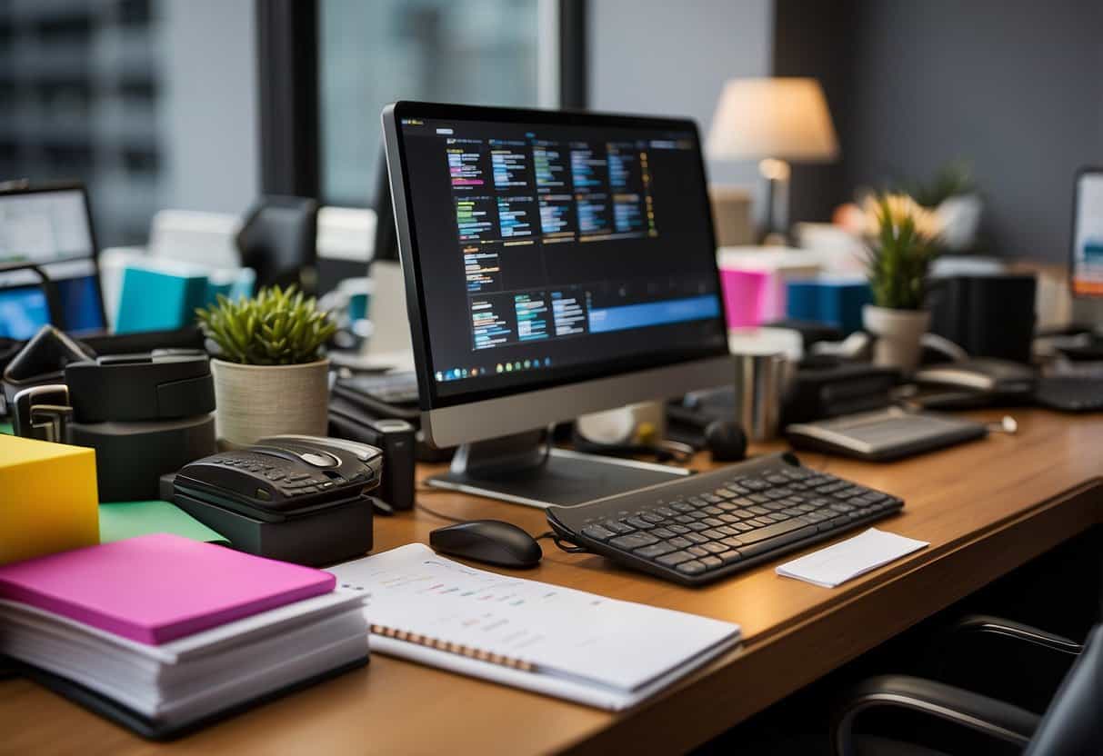 A cluttered desk with multiple computer screens, notebooks, and calendars. Color-coded folders and sticky notes cover the workspace, showcasing a VA's organization strategies