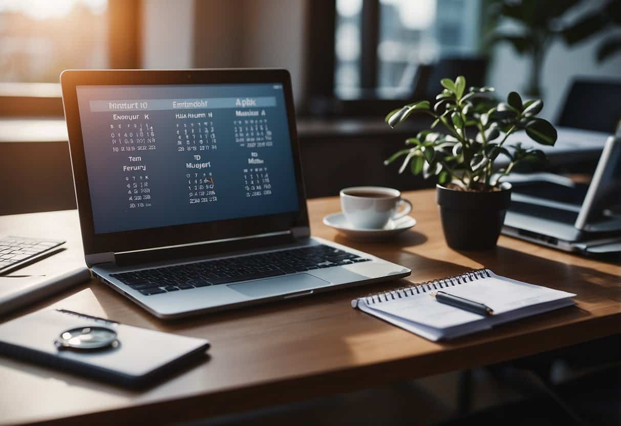 A desk with a computer, calendar, and clock. A to-do list and multitasking tools. A virtual assistant managing tasks efficiently