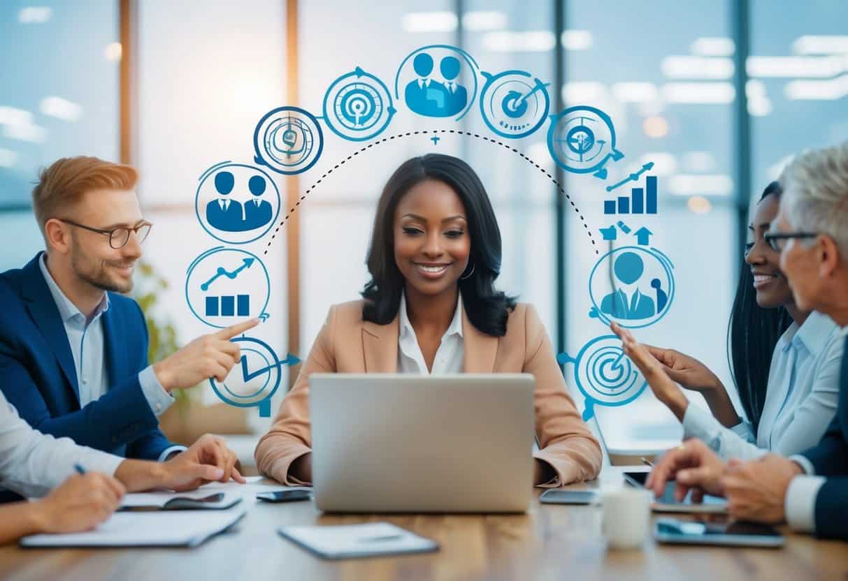 A virtual assistant surrounded by growth symbols, connecting with clients, and striving for continuous improvement