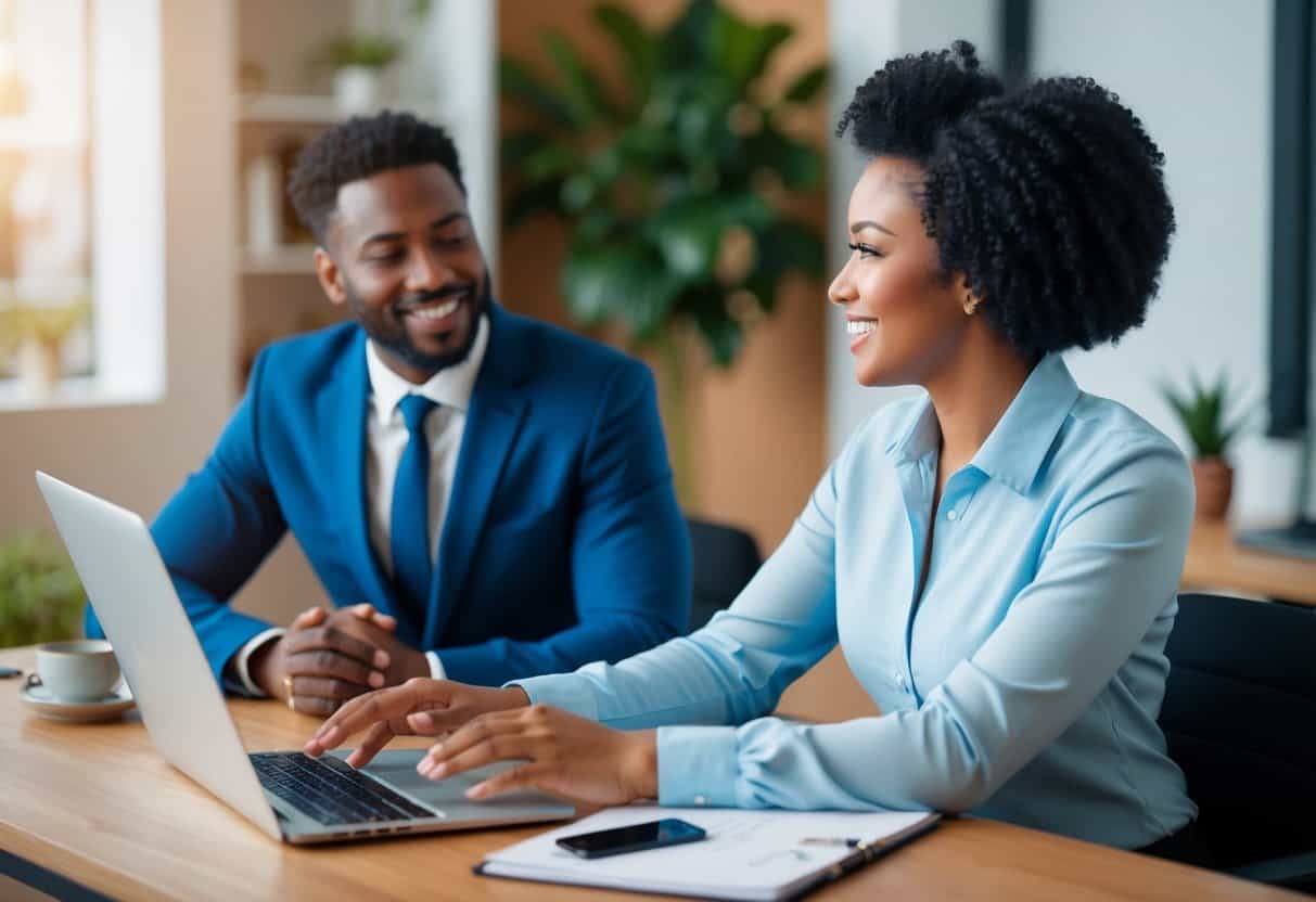 A virtual assistant sitting at a desk, speaking with a client via video call. Both parties are engaged in conversation, with a warm and professional demeanor