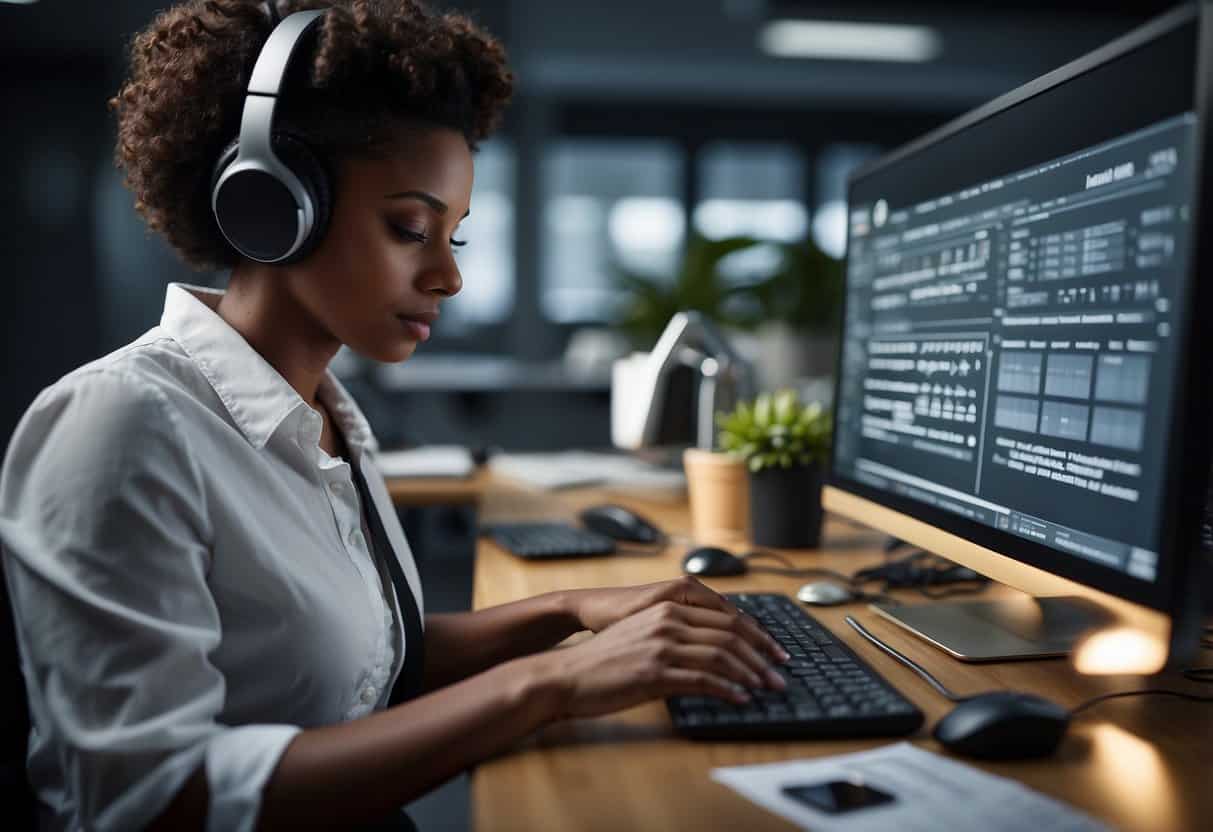 A virtual assistant confidently types on a keyboard, surrounded by a computer, phone, and other office supplies. A checklist of top 10 skills hovers nearby