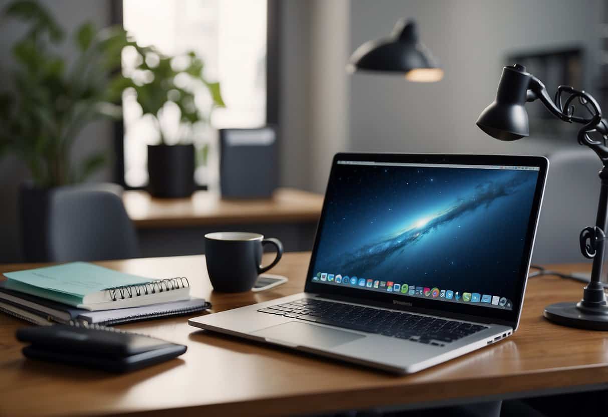 A desk cluttered with a laptop, notebook, and pen. A calendar marked with deadlines. A phone buzzing with notifications. A virtual assistant logo displayed on the computer screen