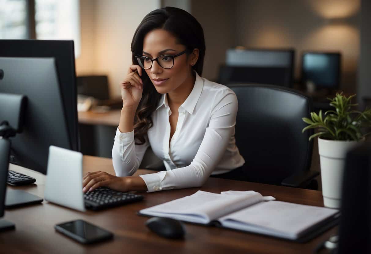 A virtual assistant sits at a desk, surrounded by a computer, phone, and notebook. They are multitasking, managing emails, scheduling appointments, and researching efficiently