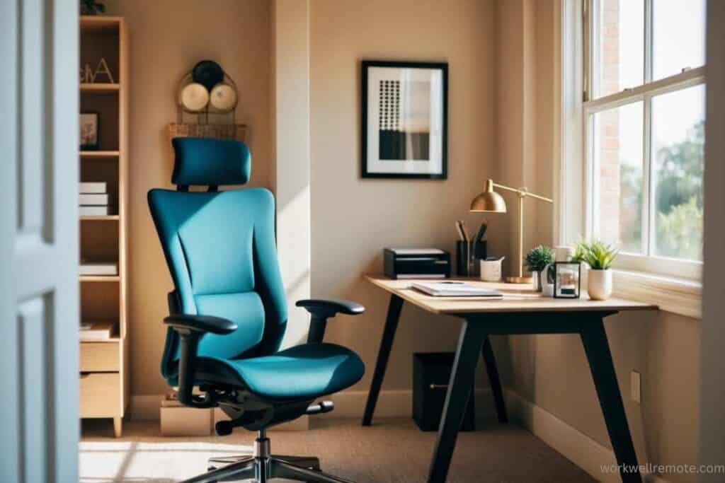 A cozy home office with a sleek ergonomic chair.