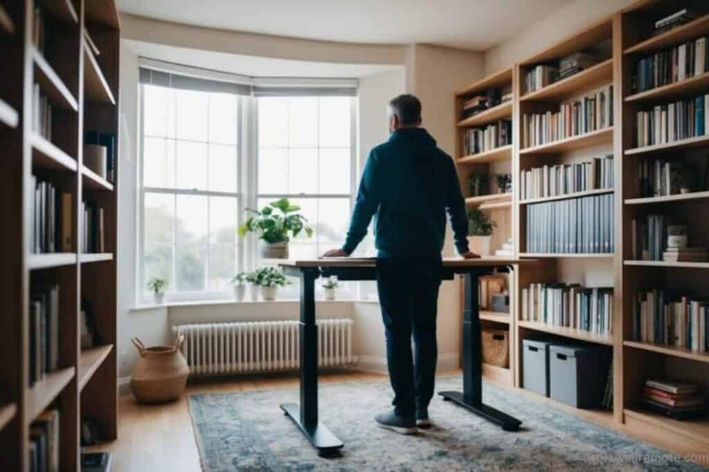 A compact, white standing desk with an adjustable height feature.