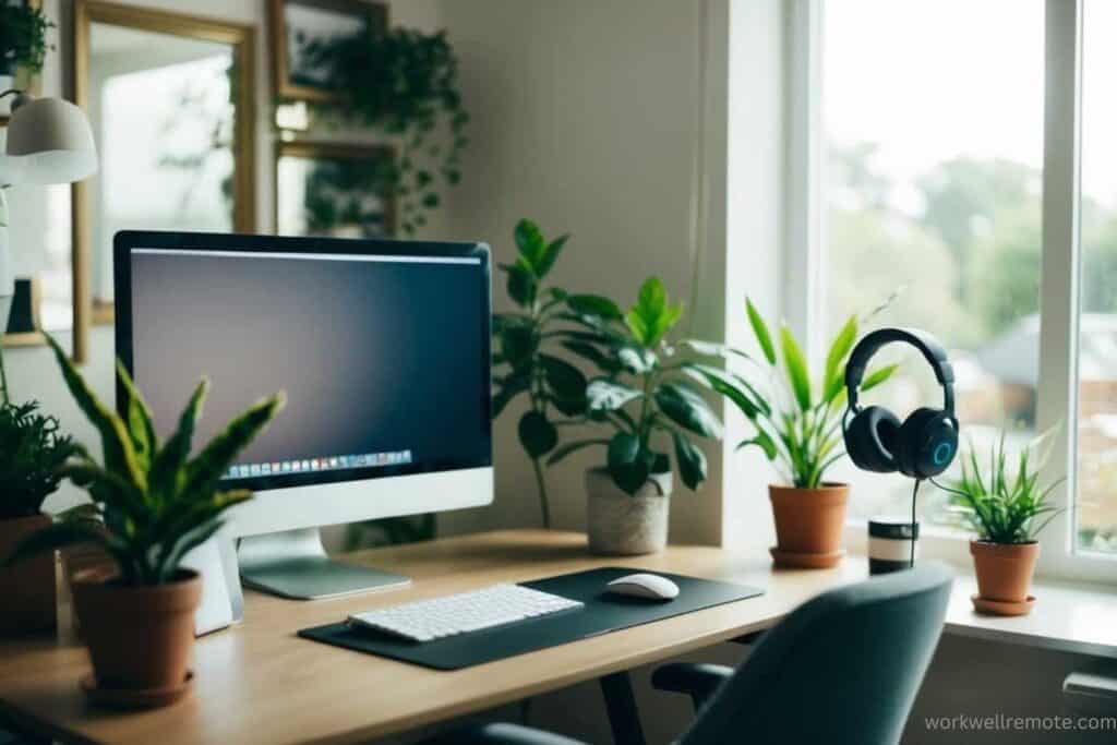 A set of over-ear noise-canceling headphones resting on a desk next to a sleek computer setup, with green plants and soft natural light adding a cozy vibe.