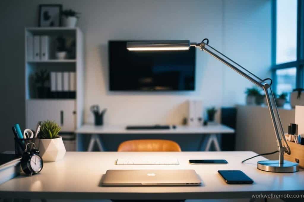 A modern, adjustable desk lamp with a long, movable arm illuminating a clutter-free workspace. The surrounding decor includes a small plant and neatly arranged office supplies.