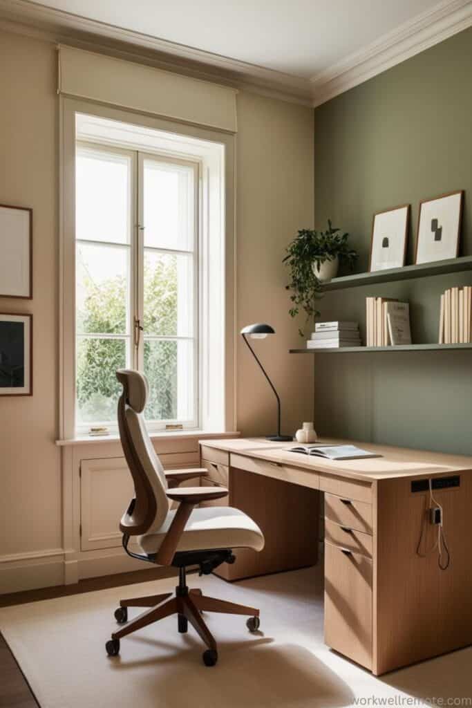 Floating white wall-mounted shelves arranged neatly with books, decorative objects, and plants. The shelves create a stylish, space-saving storage solution in a compact office nook.