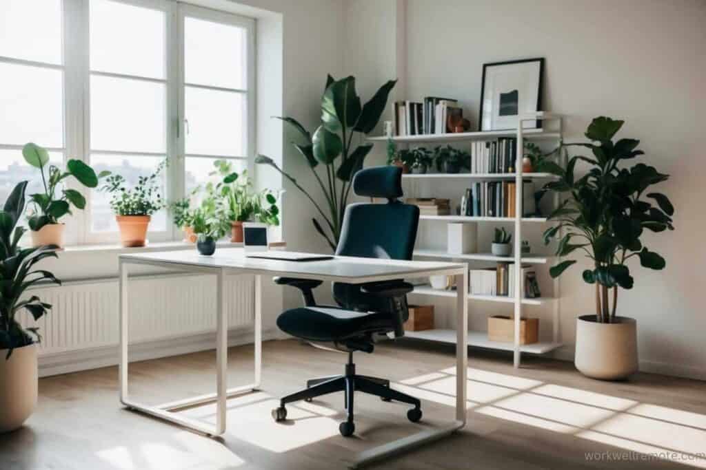 A cozy home office with a sleek ergonomic chair, a minimal white desk organized with a laptop and lamp, and greenery from small potted plants. Sunlight streams through a large window, casting a warm, natural glow.