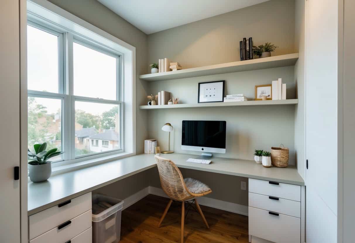 A cozy, clutter-free home office with a built-in desk, floating shelves, and a large window for natural light. A minimalist color scheme and smart storage solutions maximize the small space